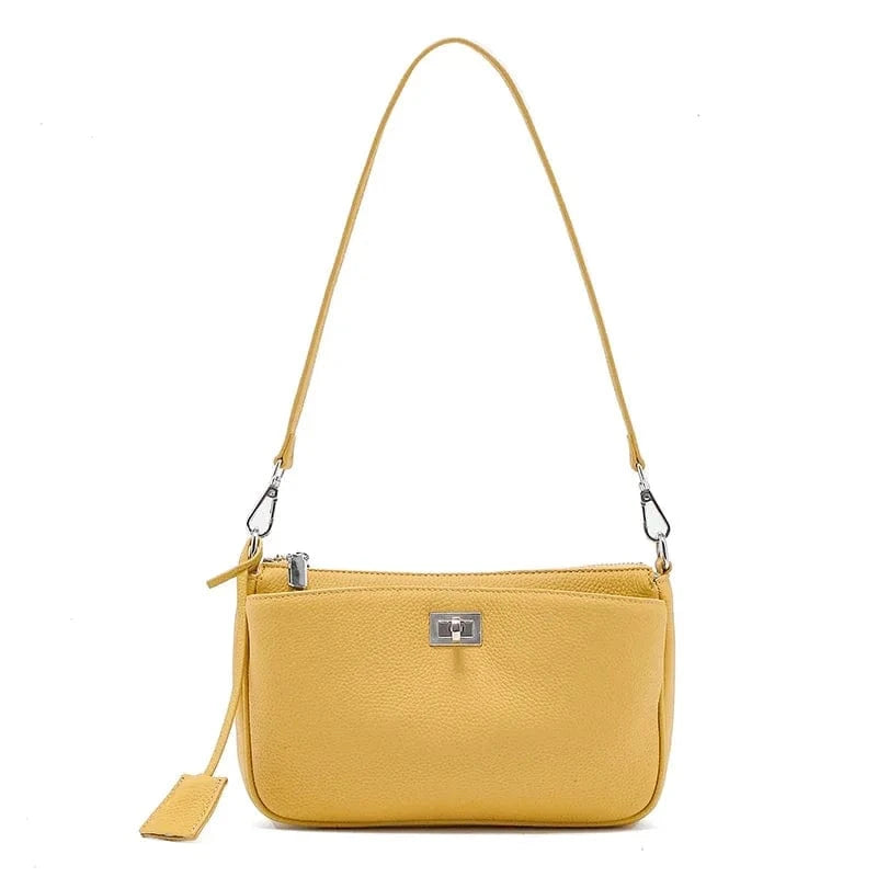 Yellow / 25x6x16cm Women Cow Real Leather Shoulder Bags Ladies Natural Cowhide Fashion Retro Handbags Female Designer Luxury Crossbody Bag for Lady