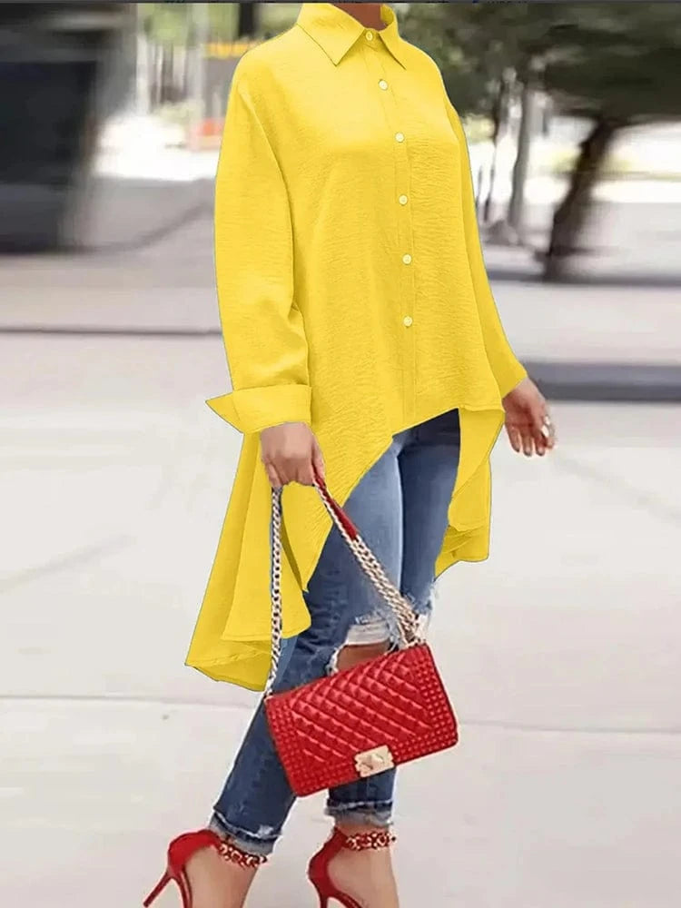 Yellow / 5XL Plus Size 2025 Spring Summer New Women's Solid Color Single Breasted Lapel Tops Long Sleeve Loose Casual Shirt
