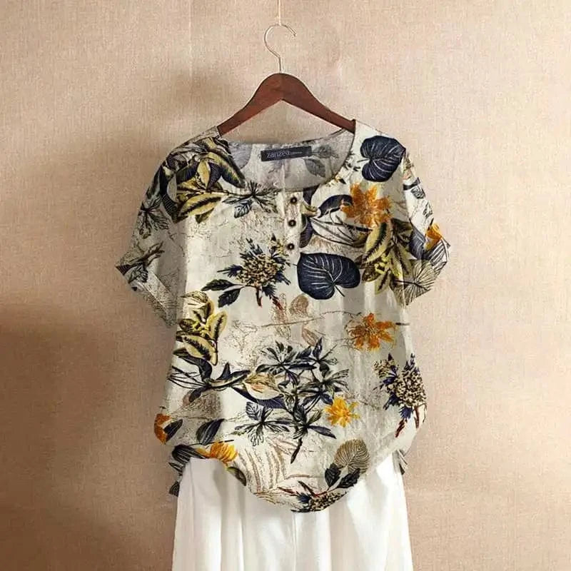 Yellow / 5XL ZANZEA Women Cotton Shirt Fashion Floral Printed Tops Ladies Kaftan Chemise 2024 Summer Short Sleeve Blouses Causal O-neck Tunic