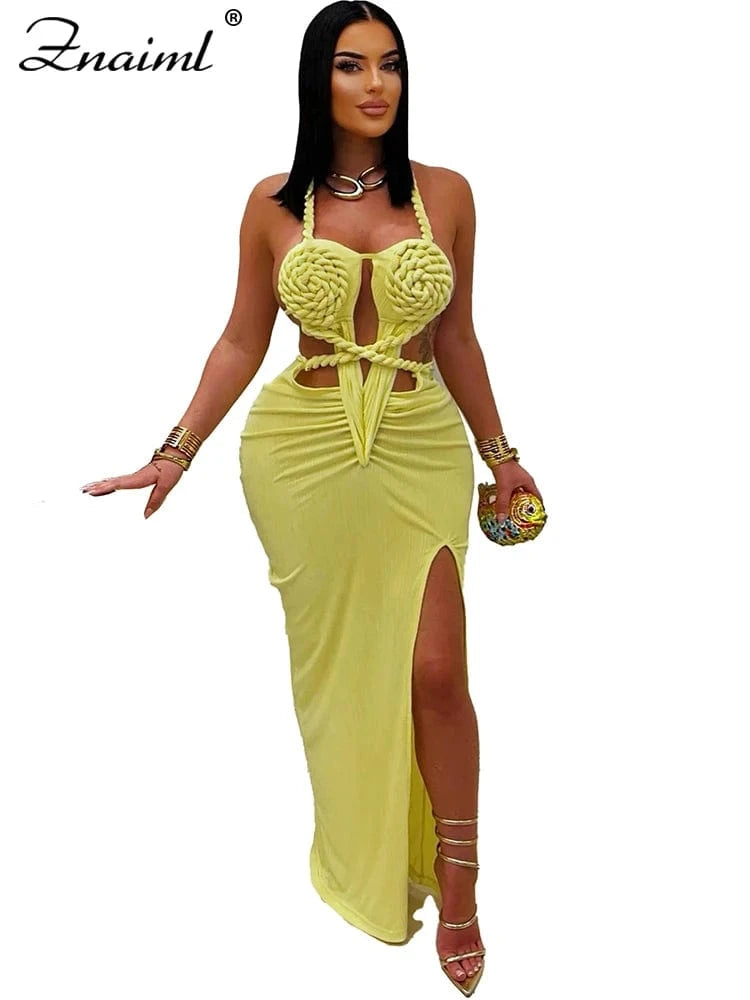 yellow dress / L Znaiml Women's Elegant Evening Halter Hollow Backless Slit Bodycon Maxi Dresses Sexy Beach Holiday Party Club Birthday Vestidos