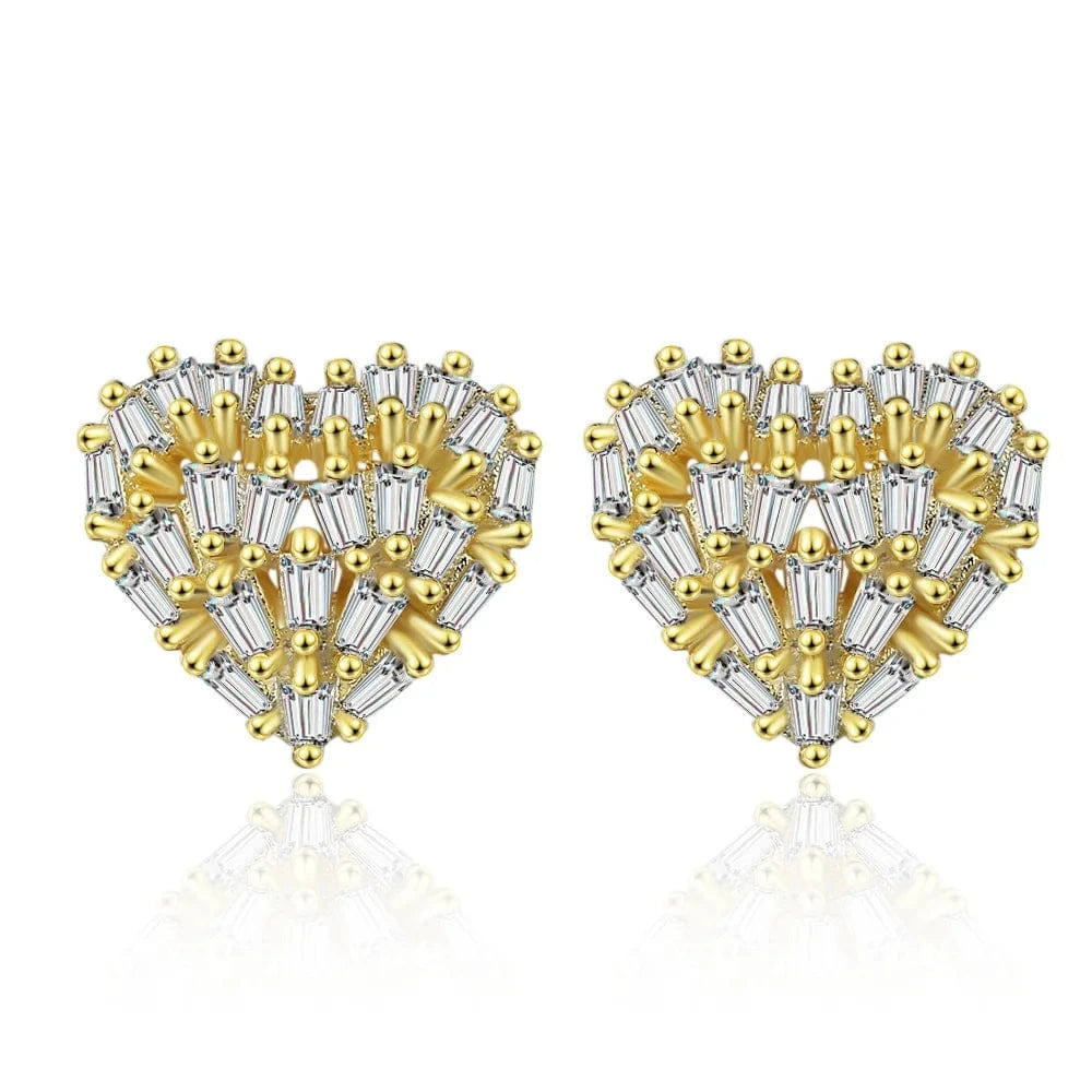 Yellow Gold Classic Design Dazzling Heart Stud Earrings for Women High Quality Romantic Female Accessories Timeless Styling Jewelry