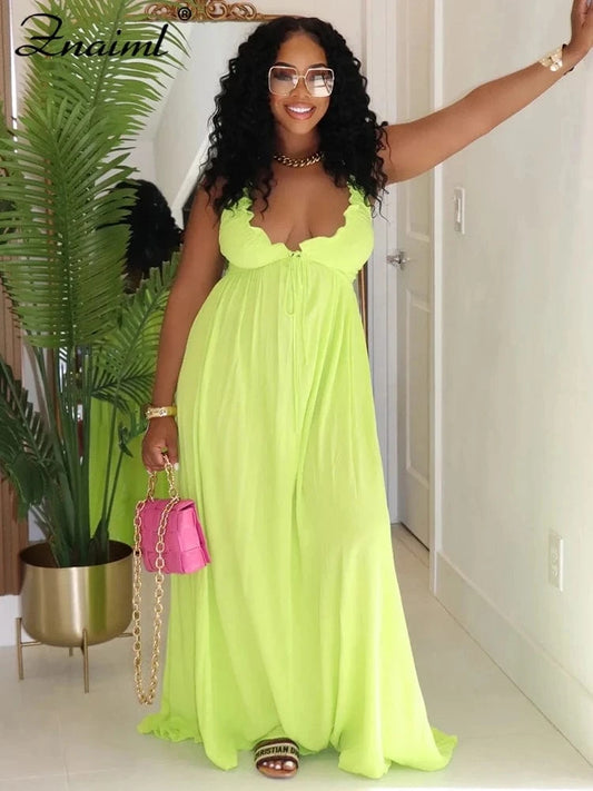 yellow green dress / S Znaiml Women's Halter Sleeveless Backless Deep V-neck A-Line Long Dress for Autumn Vacation Sexy Party Birthday Evening Vestidos