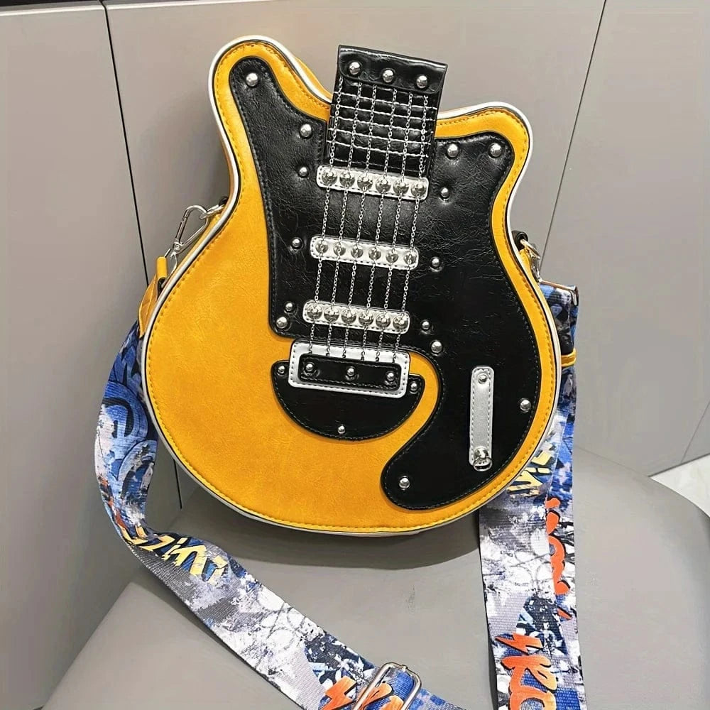 Yellow Guitar Shaped Unique Purses for Women Y2K Punk Creative Luxury Crossbody Bags Leather Novelty Handbags 2024