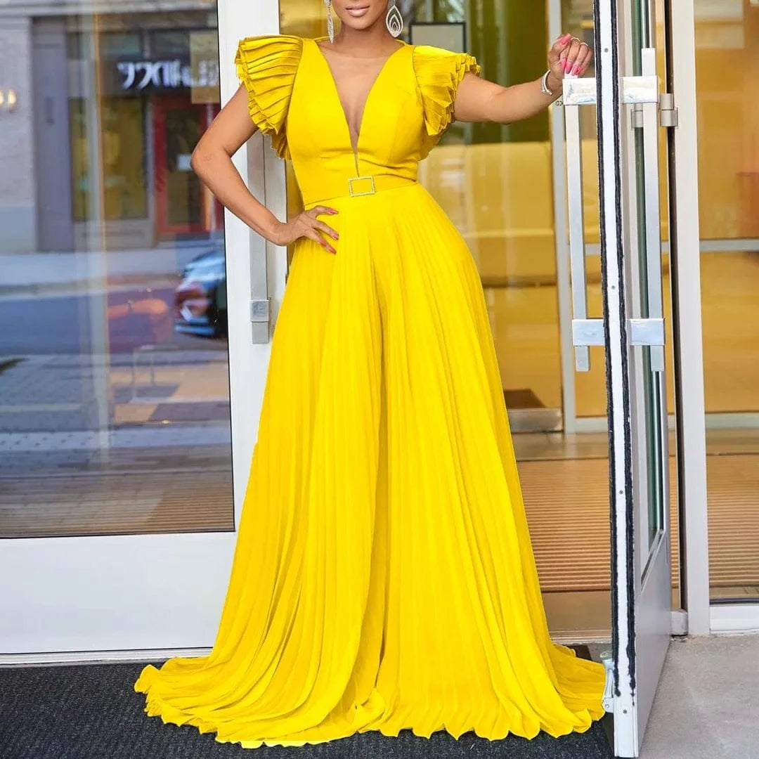 Yellow Jumpsuits / S Elegant Pleated Jumpsuits & Rompers for Women V Neck Ruffles Belt Waisted High Waisted Floor Length Luxury Birthday Party Outfit