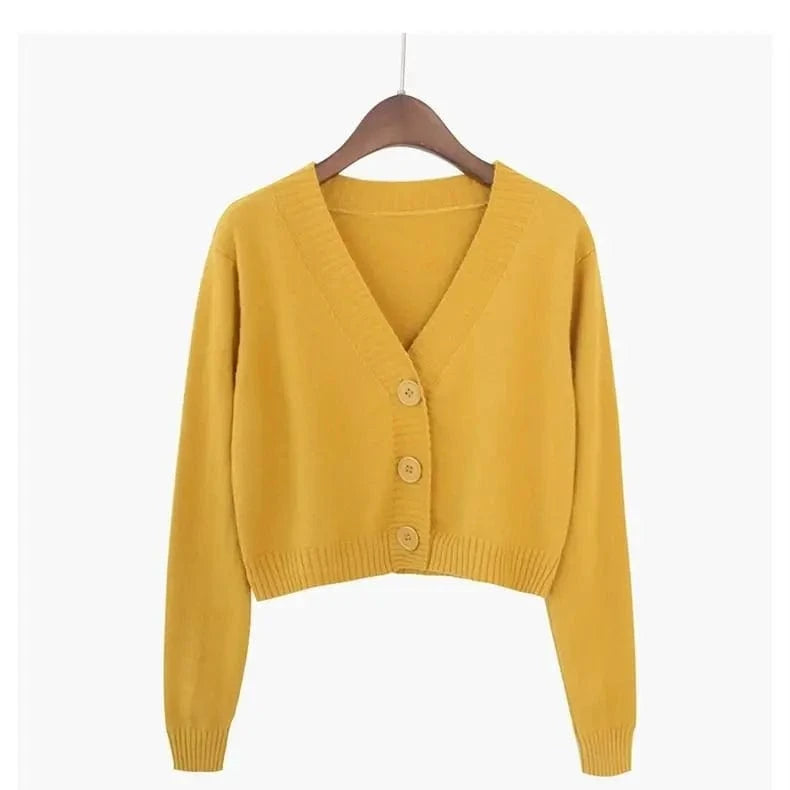 Yellow / L Knitted Cropped Cardigan Women Korean Short Sweater Long sleeve Crop Top V neck Fashion Y2k Clothes Green Blue