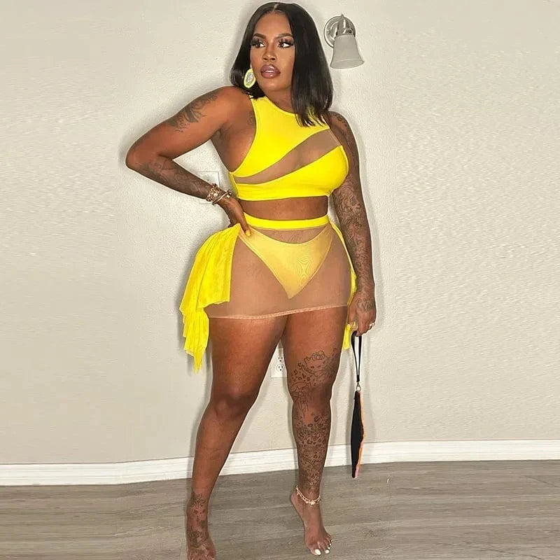 Yellow / M Sexy Mesh See-through Patchwork 2 Piece Sets Women Outfit Festival Clothing Tank Crop Top and Mini Skirt Set Night Club Outfits