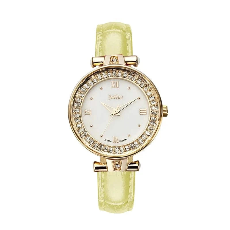 Yellow Mother-of-pearl Rhinestones Julius Lady Women's Watch Fashion Hours Bracelet Real Leather Girl's Birthday Gift Box