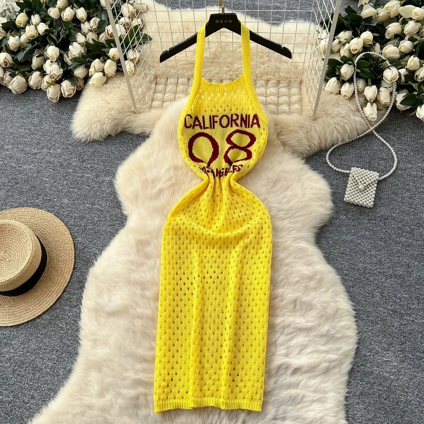Yellow / One Size YuooMuoo Women Dress 2025 Summer Ins Hot Letter Print Halter Knitted Beach Dress Chic Fashion Sexy Wrap Hip Streetwear Vestidos