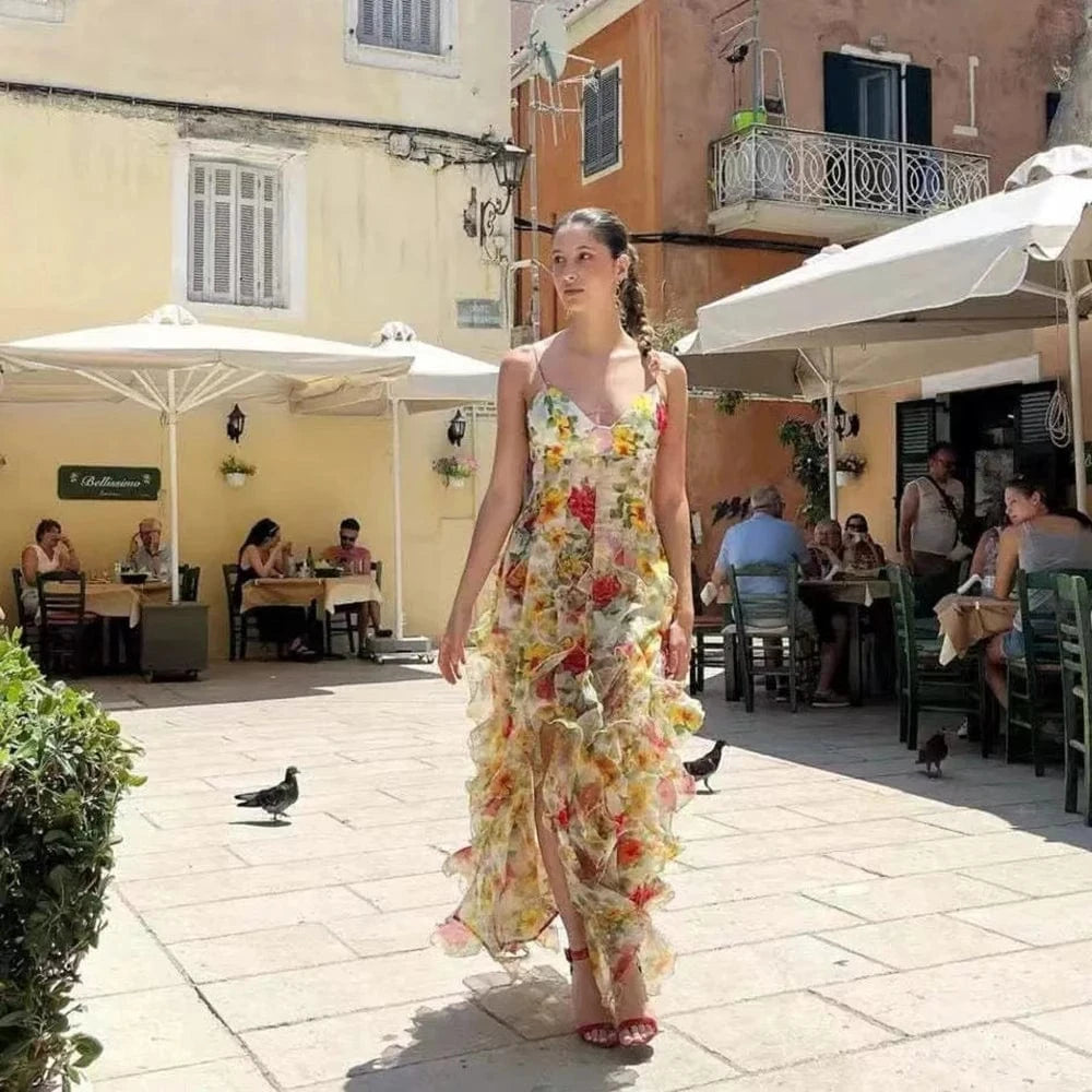 Yellow / S / CHINA Women's Floral Low-Cut Dress French Summer Halter Gentle Wind Dress Slimming Backless Halter Slit Out Floor-Length Dress