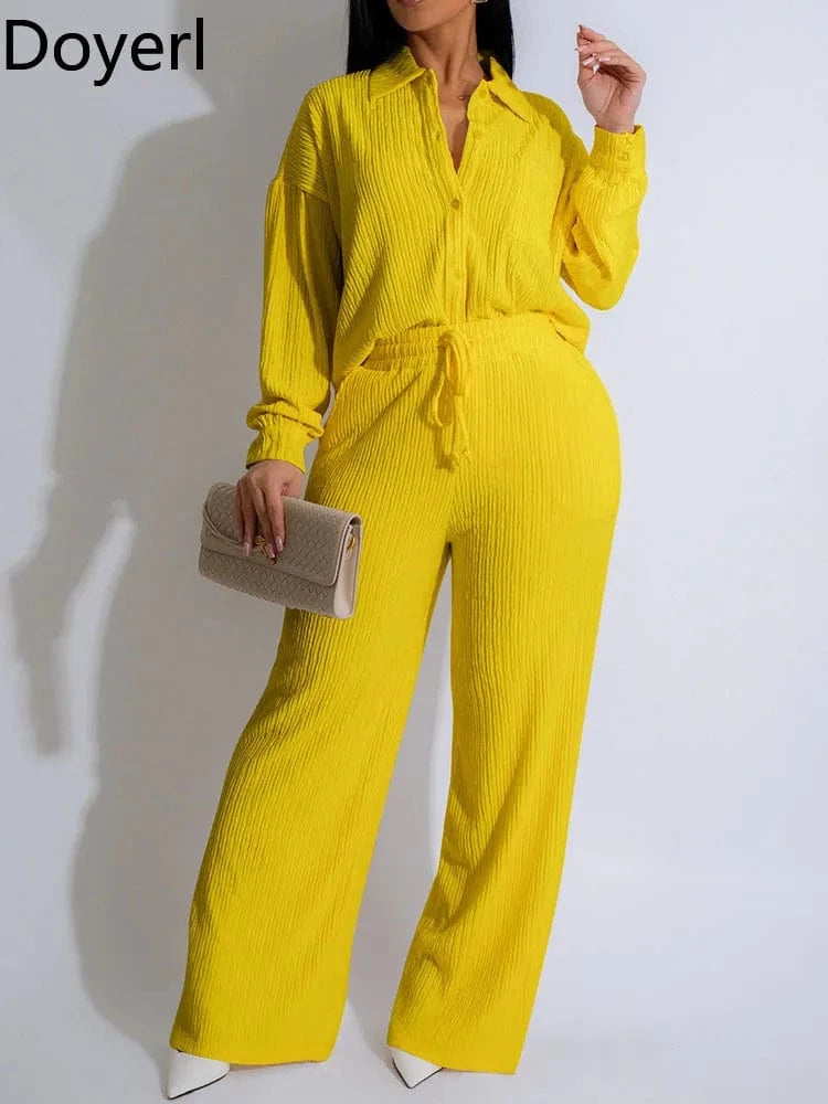 Yellow / S Doyerl Solid Casual Loungewear Sets Woman Two Piece Outfit Loose Fit Long Sleeve Shirt Top and Wide Leg Pants Matching Sets