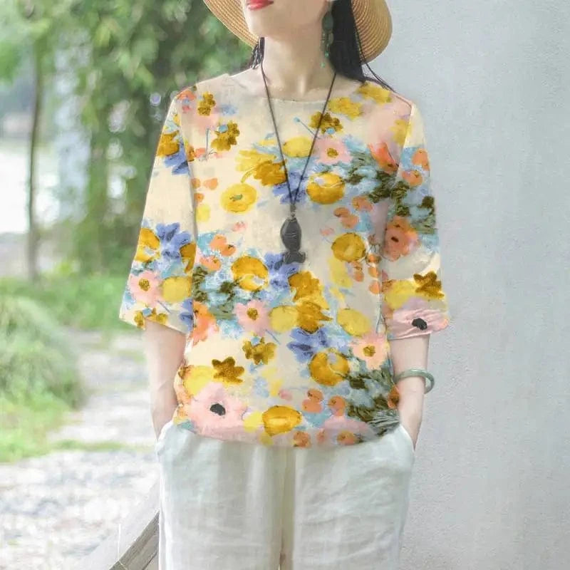 Yellow / S ZANZEA Women Cotton Linen Blouses 2024 Summer Bohemian Floral Printed Blusas Fashion 3/4 Sleeve O-Neck Top Casual Loose Shirts