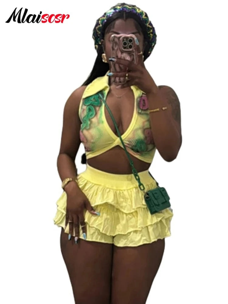 yellow sets / M Mlaiscsr Summer Women's Sexy 2 Piece Sleeveless V-Neck Crop Tops and Tiered Ruffles Shorts Skirts Sets Beach Vacation Outfits