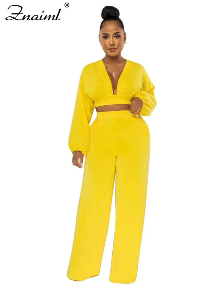 yellow sets / S Znaiml Casual Green Two 2 Pieces Wide Leg Pants Sets Women‘s Long Sleeve Deep V-neck Crop Tops and Trousers Birthday Club Outfit