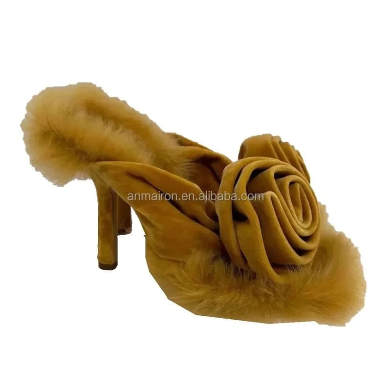 yellow suede materials women fluffy slides high heeled mule sandals with rose flowers