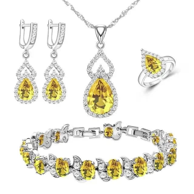Yellow Women Silver 925 Custom Jewelry Sets Red Garnet Earrings Necklace Open Ring Bracelets Set for Mom/Wife/Friend