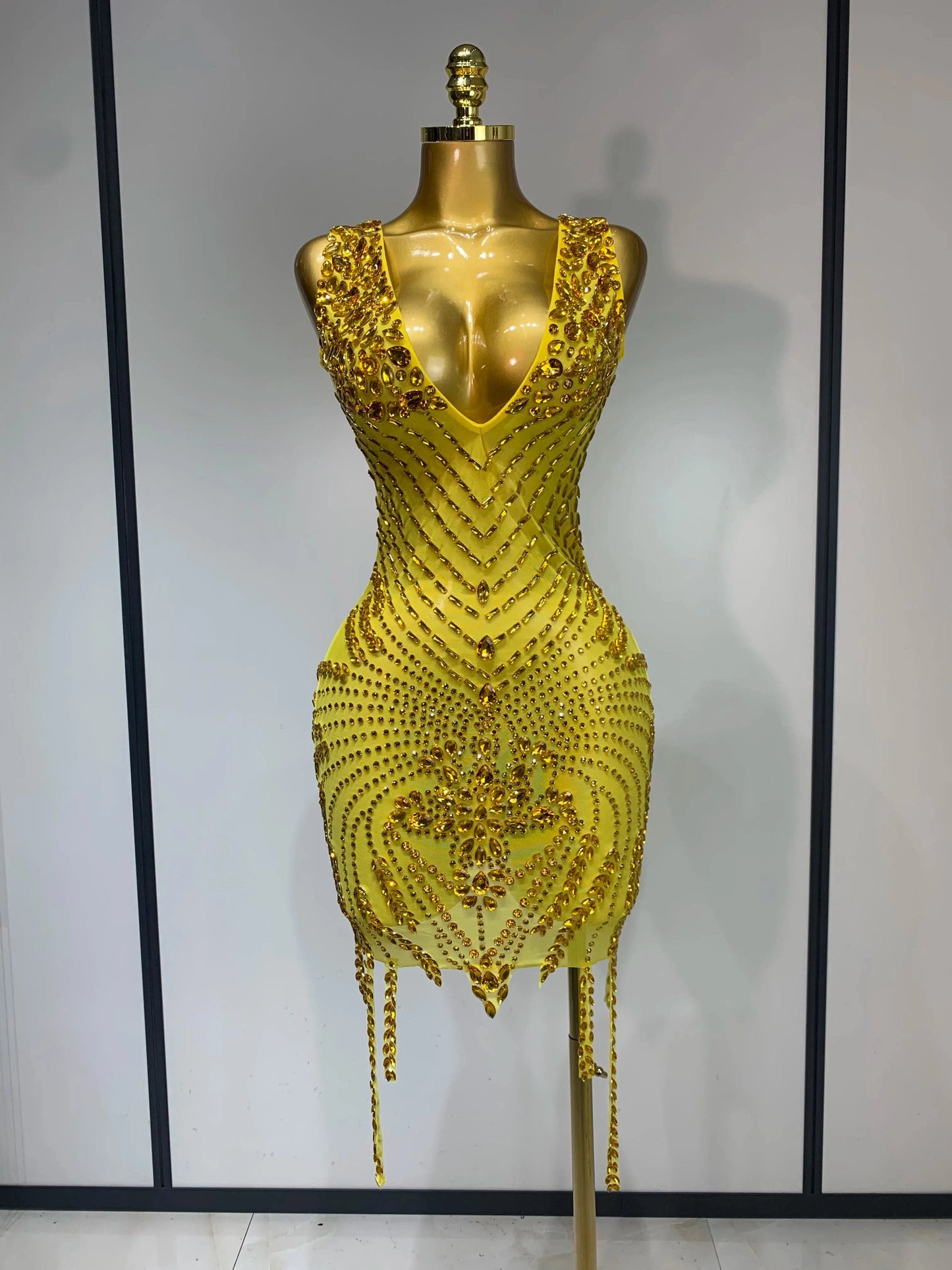 Yellow / XL Sparkly Rhinestone Mesh See Through V Neck Dress Women Sexy Performance Stage Costume Evening Party Club Luxury Birthday Outfit