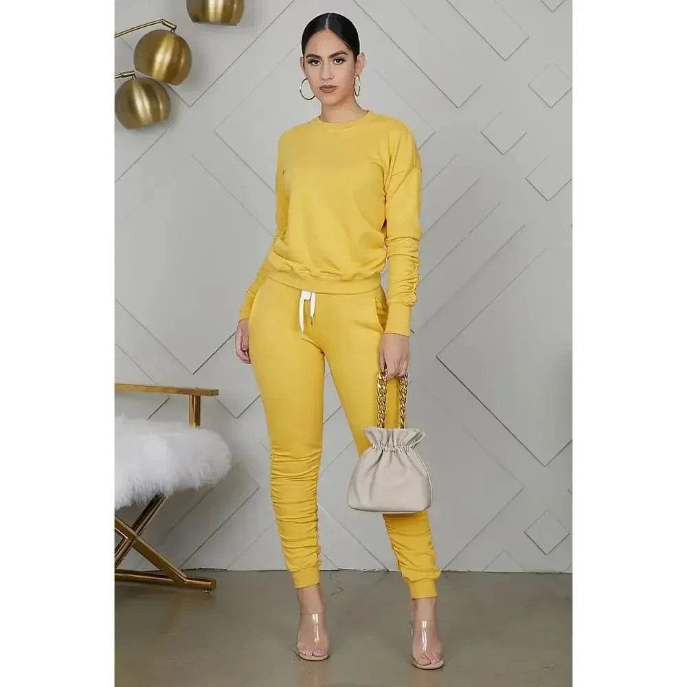 Yellow / XS(old) New round Neck Long Sleeve Slim Fit Warm Top Elastic Waistband Lace-up Trousers Simple Solid Color Sports Two-Piece Set