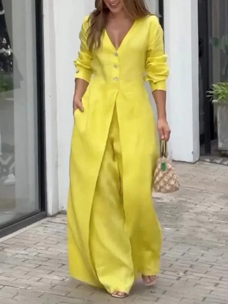 YELLOW / XXL BeautyBlue Jumpsuits for Women V-neck Overalls 2025 New Elegant High Waisted Buttoned Pockets Solid Color Office Jumpsuit Female