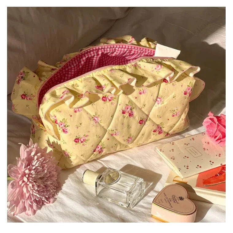 yellow YY Handmade Makeup Bag Frilly Pink Floral Bow Pattern With Pink Gingham Lining Quilted Toiletry Travel cosmetic Skincare Bag.