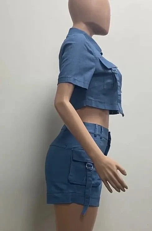 YM5125 New arrivals 2024 summer clothes short sleeve cropped denim shirt sexy stretchy mini jean shorts casual 2 piece set women