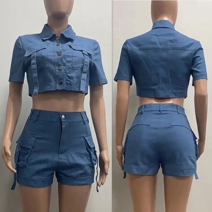 YM5125 New arrivals 2024 summer clothes short sleeve cropped denim shirt sexy stretchy mini jean shorts casual 2 piece set women