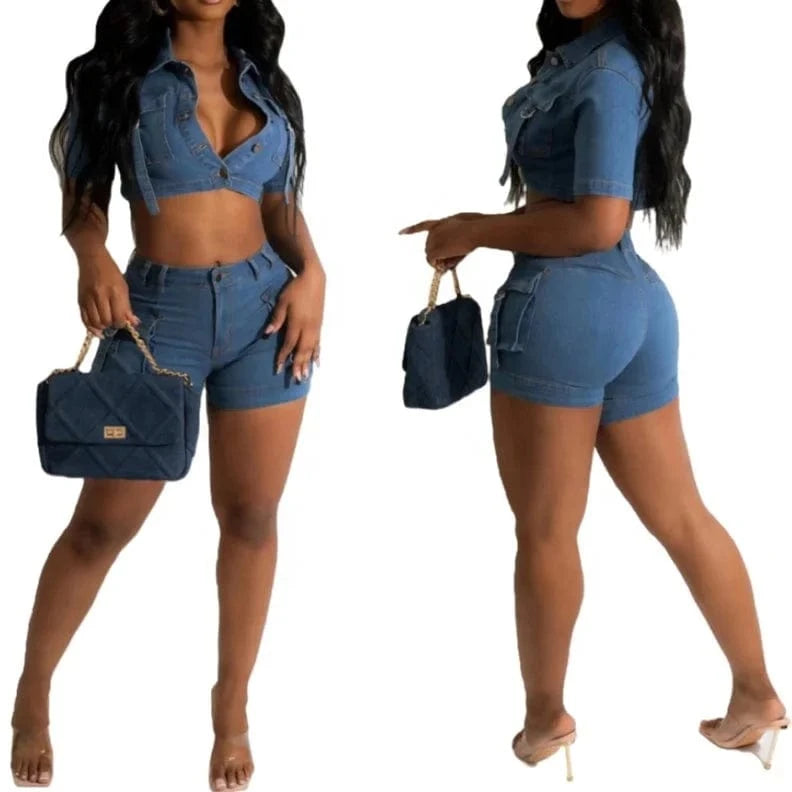 YM5125 New arrivals 2024 summer clothes short sleeve cropped denim shirt sexy stretchy mini jean shorts casual 2 piece set women