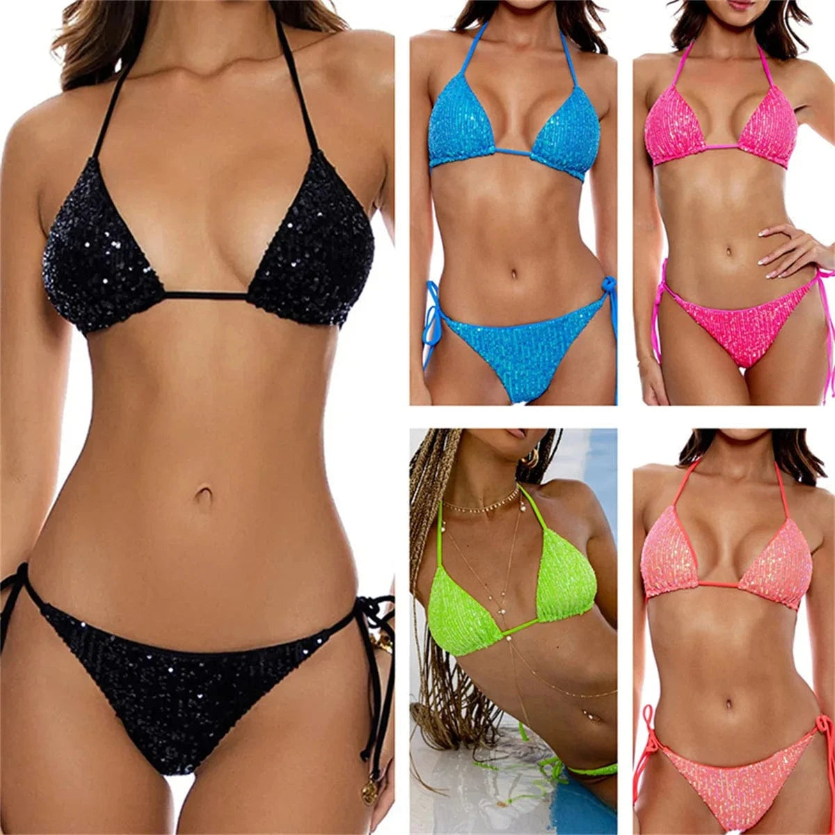 YONGQI Hot Girls 2024 New Summer Vacation Beachwear Sequined Bikini Swim Lace-up Panties Bikini Sets Bathing Suits for lady