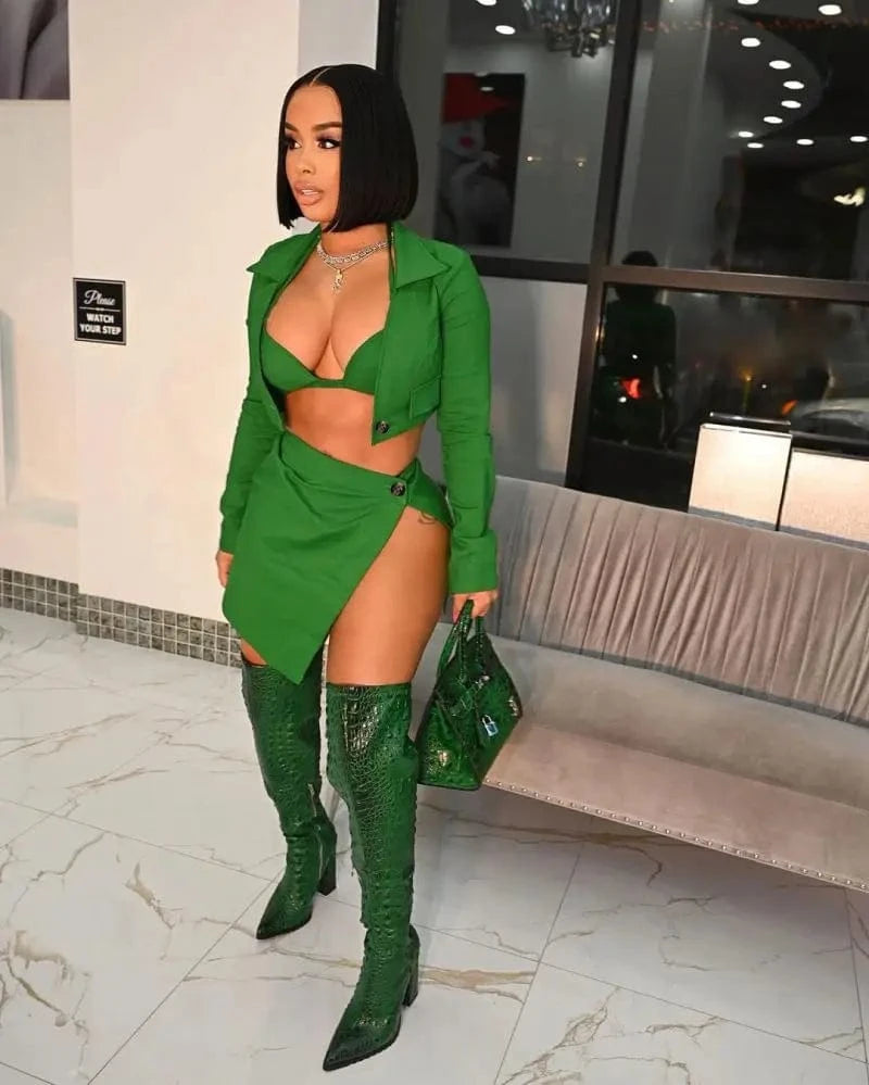 YP 2024 new arrival 3 piece set women sexy bra short skirt and coat club outfits for women sexy