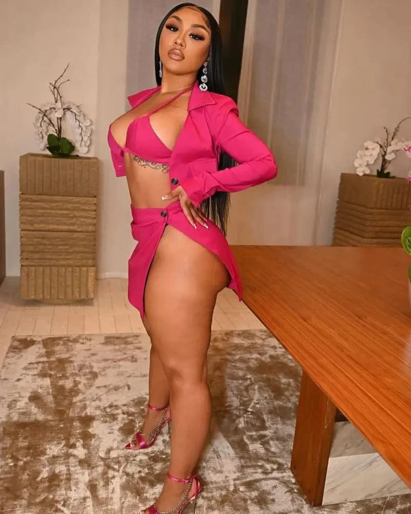 YP 2024 new arrival 3 piece set women sexy bra short skirt and coat club outfits for women sexy