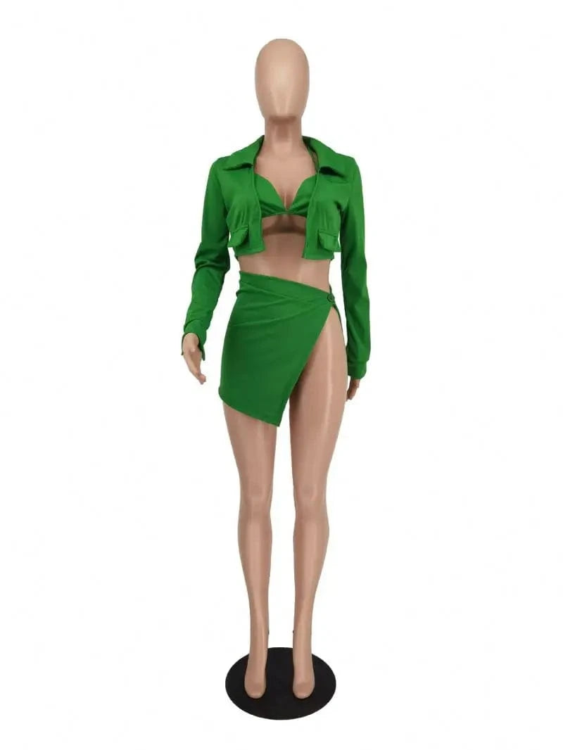 YP 2024 new arrival 3 piece set women sexy bra short skirt and coat club outfits for women sexy