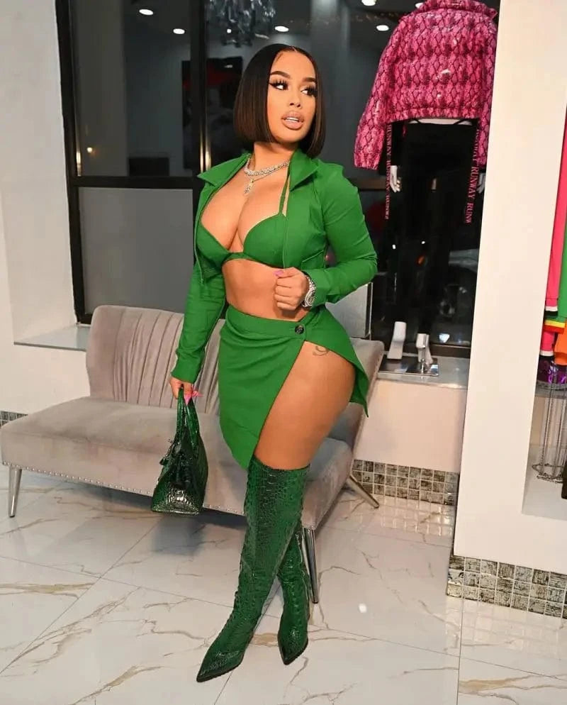 YP 2024 new arrival 3 piece set women sexy bra short skirt and coat club outfits for women sexy