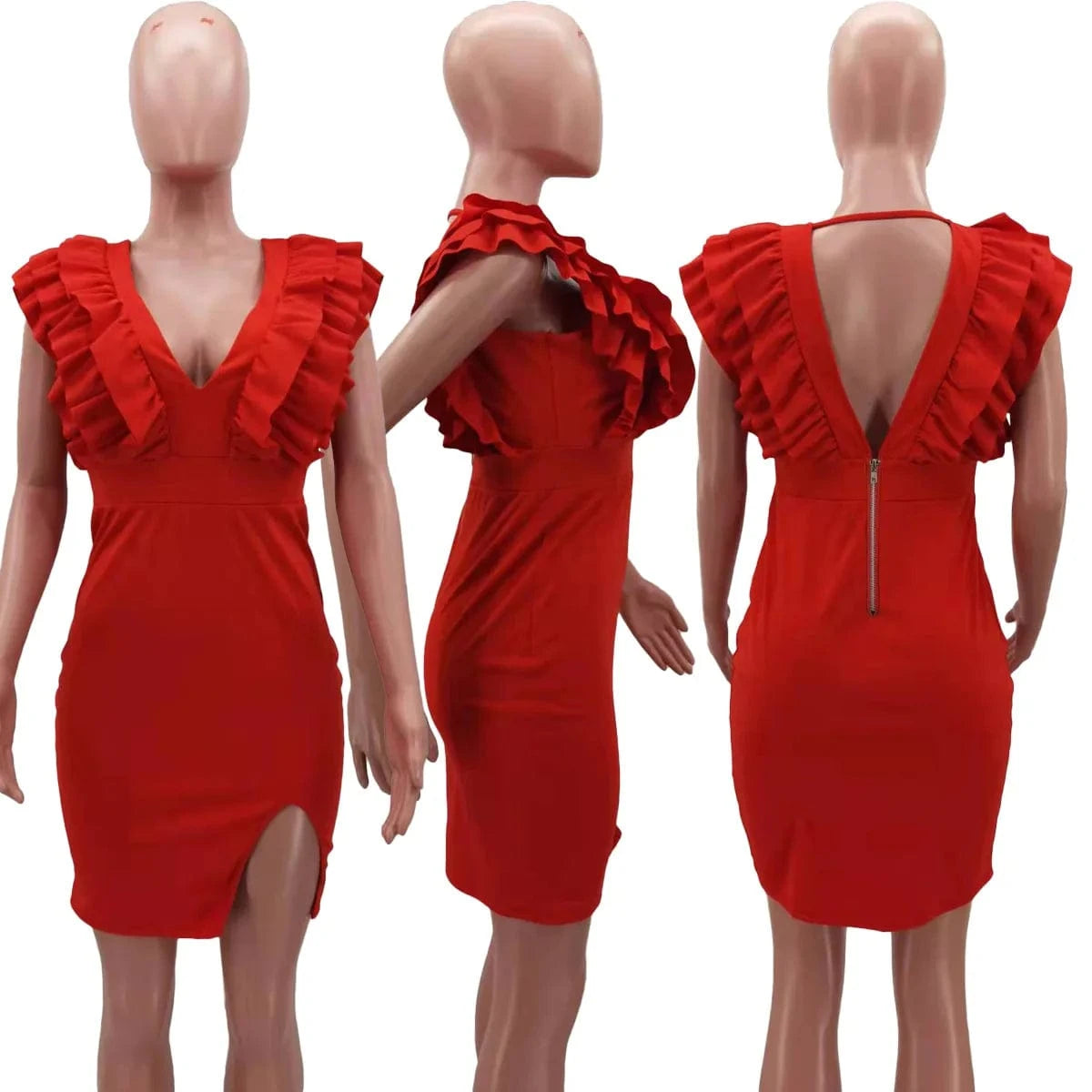 YP 2024 New Arrivals Patchwork Ruffles Backless Dress Solid Split Mini Dress For Women Sleeveless V Neck Dress