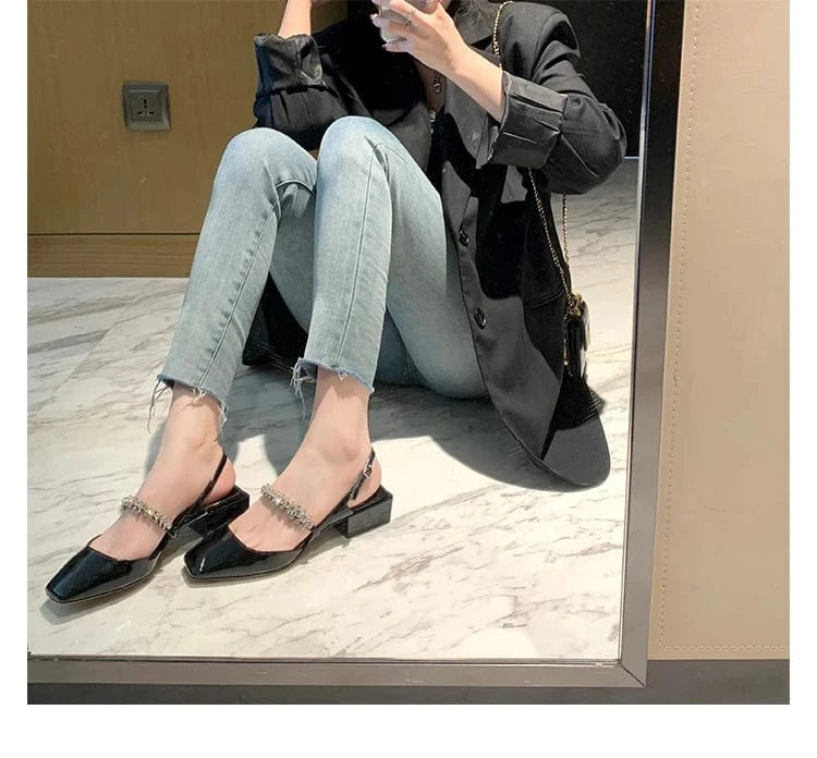 YQY002 New Luxury Ladies Flat Shoes Women One Line Diamond Shoes With Sequin Hollow Thick Heel Square Toe Mary Jane sandals