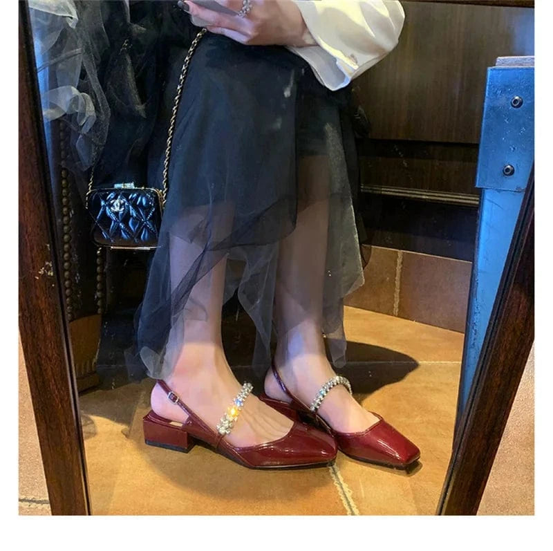 YQY002 New Luxury Ladies Flat Shoes Women One Line Diamond Shoes With Sequin Hollow Thick Heel Square Toe Mary Jane sandals