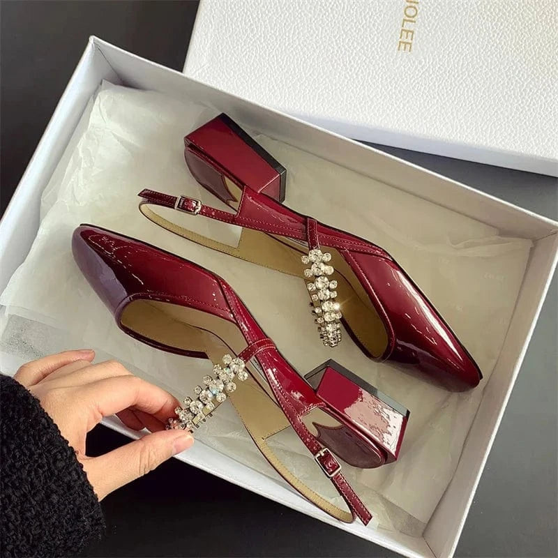YQY002 New Luxury Ladies Flat Shoes Women One Line Diamond Shoes With Sequin Hollow Thick Heel Square Toe Mary Jane sandals