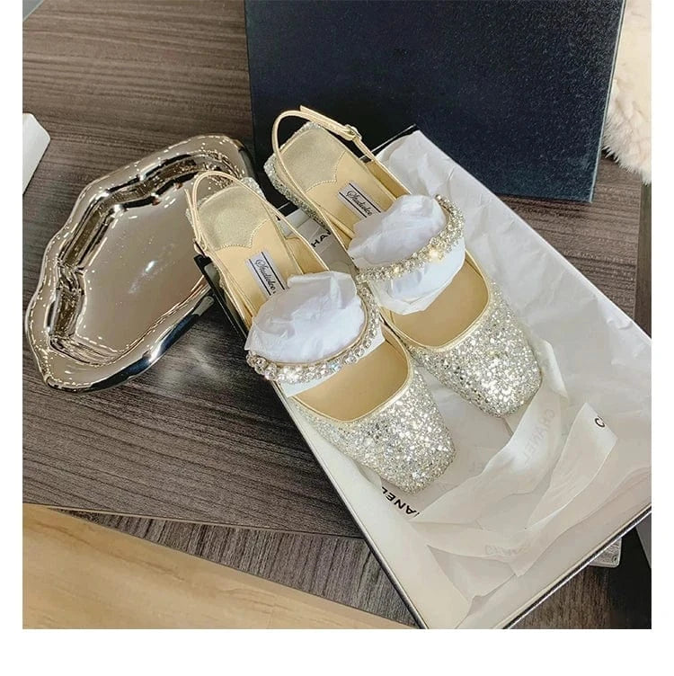 YQY002 New Luxury Ladies Flat Shoes Women One Line Diamond Shoes With Sequin Hollow Thick Heel Square Toe Mary Jane sandals