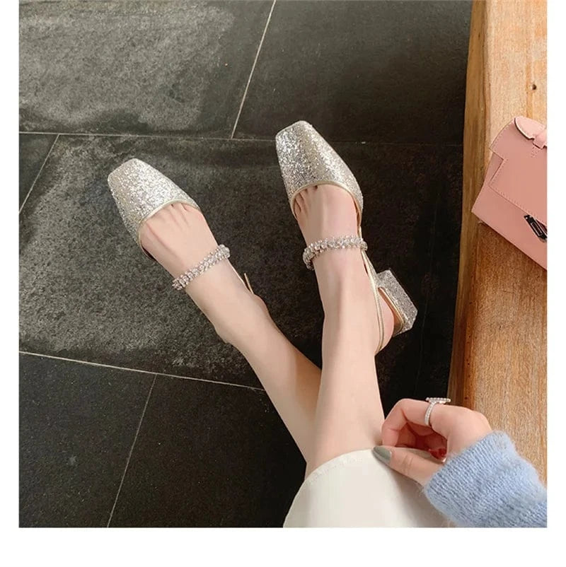YQY002 New Luxury Ladies Flat Shoes Women One Line Diamond Shoes With Sequin Hollow Thick Heel Square Toe Mary Jane sandals