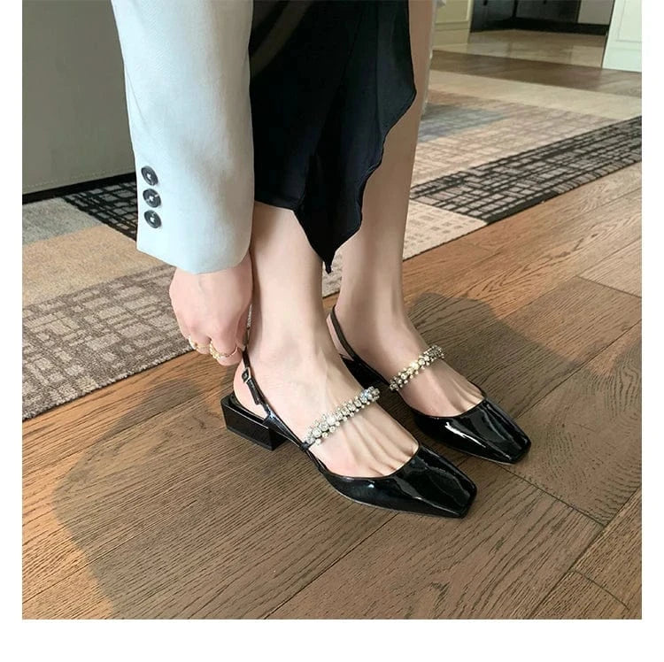 YQY002 New Luxury Ladies Flat Shoes Women One Line Diamond Shoes With Sequin Hollow Thick Heel Square Toe Mary Jane sandals