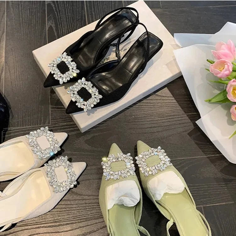YQY012 Top Quality Luxury Rhinestone Square Button Low Heel 3cm High Heels Sandals For Women And Ladies Sandals