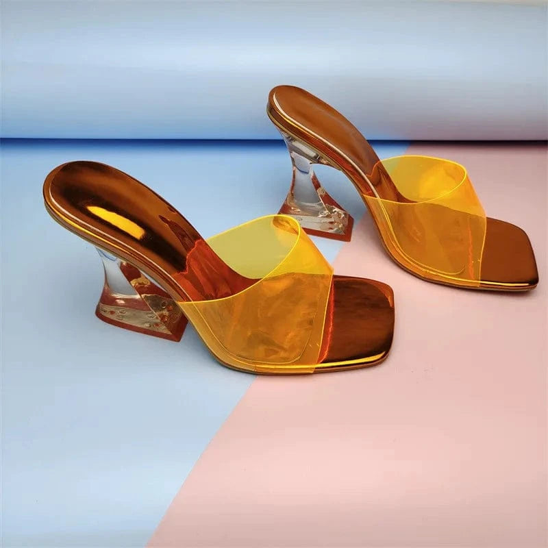 YQY0262 Fashion Color Crystal High Heeled Sandals Transparent Heel Color Square Shoes PVC Ladies Slippers Heels For Women