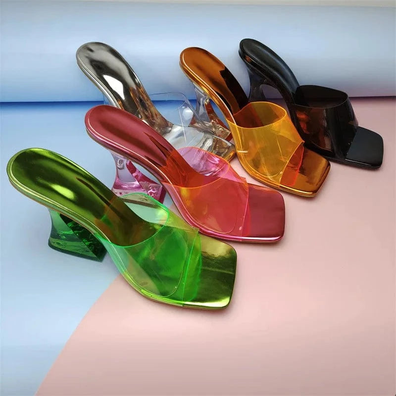 YQY0262 Fashion Color Crystal High Heeled Sandals Transparent Heel Color Square Shoes PVC Ladies Slippers Heels For Women