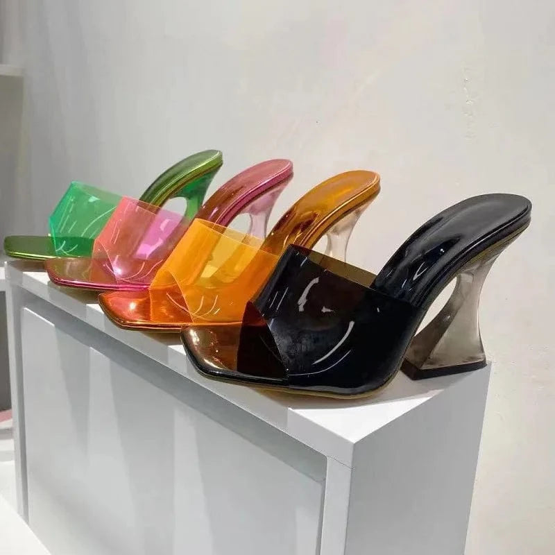 YQY0262 Fashion Color Crystal High Heeled Sandals Transparent Heel Color Square Shoes PVC Ladies Slippers Heels For Women