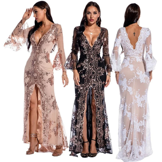 YQY19055 Dropshipping Luxury Backless V-neck Sequin Slit Party Dress Formal Dresses Evening Elegant Summer Prom Dresses 2022