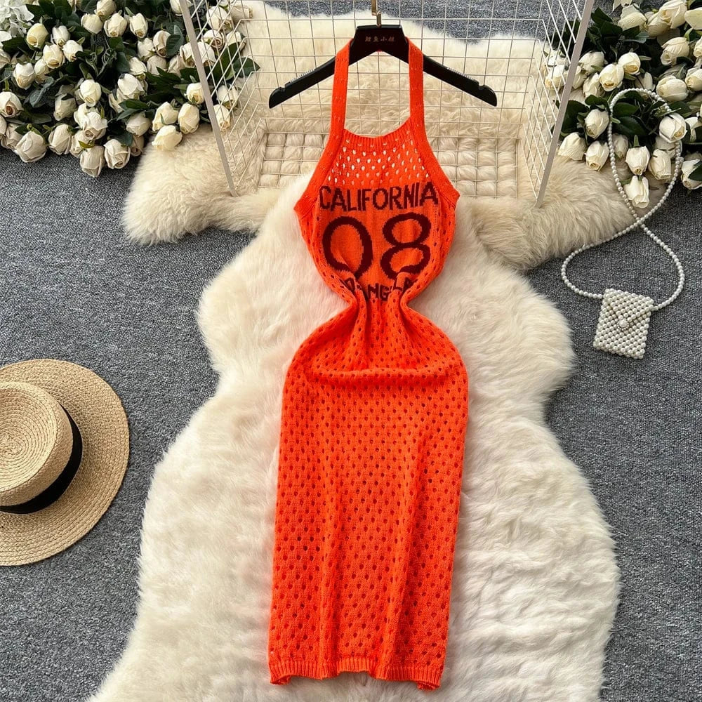 YuooMuoo Women Dress 2025 Summer Ins Hot Letter Print Halter Knitted Beach Dress Chic Fashion Sexy Wrap Hip Streetwear Vestidos