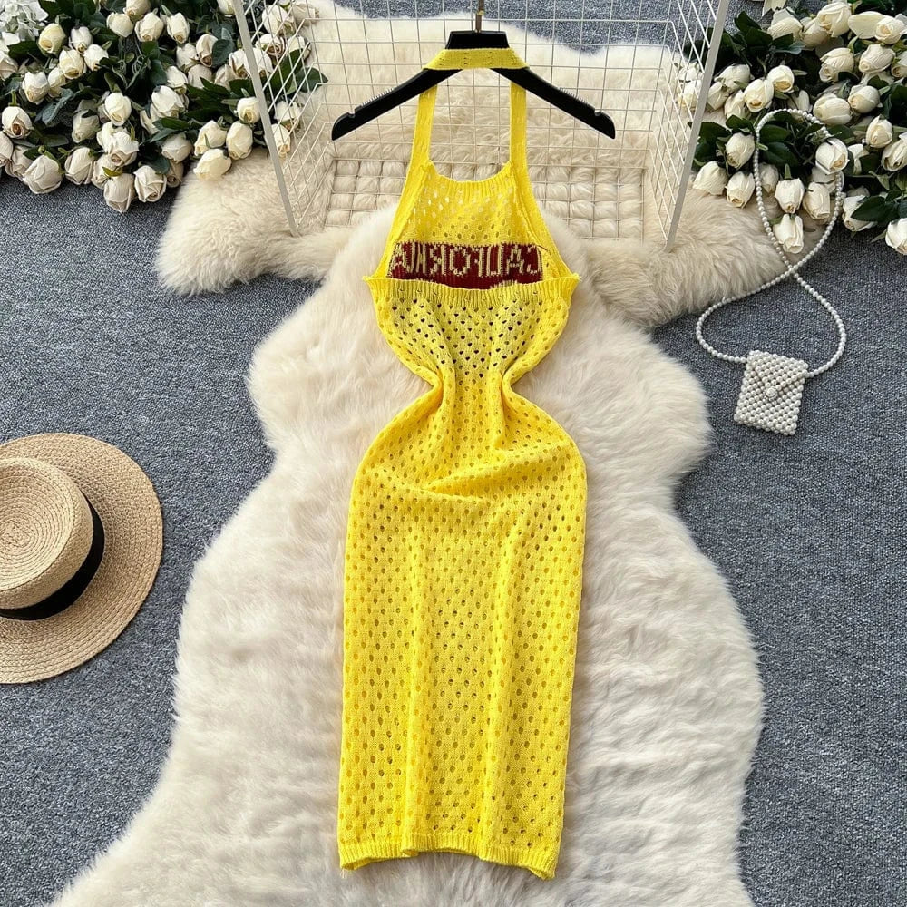 YuooMuoo Women Dress 2025 Summer Ins Hot Letter Print Halter Knitted Beach Dress Chic Fashion Sexy Wrap Hip Streetwear Vestidos