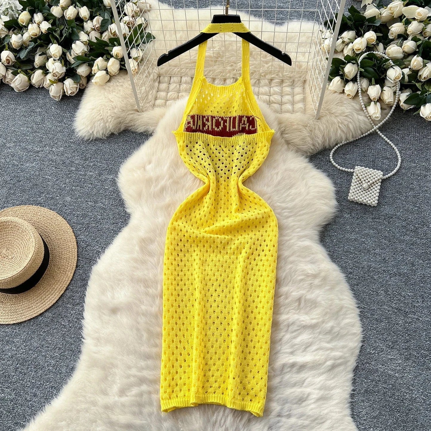 YuooMuoo Women Dress 2025 Summer Ins Hot Letter Print Halter Knitted Beach Dress Chic Fashion Sexy Wrap Hip Streetwear Vestidos