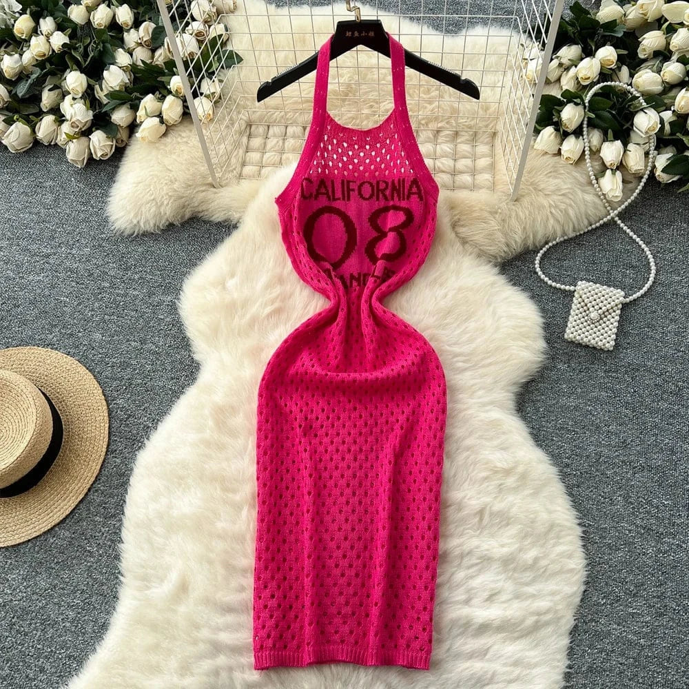YuooMuoo Women Dress 2025 Summer Ins Hot Letter Print Halter Knitted Beach Dress Chic Fashion Sexy Wrap Hip Streetwear Vestidos