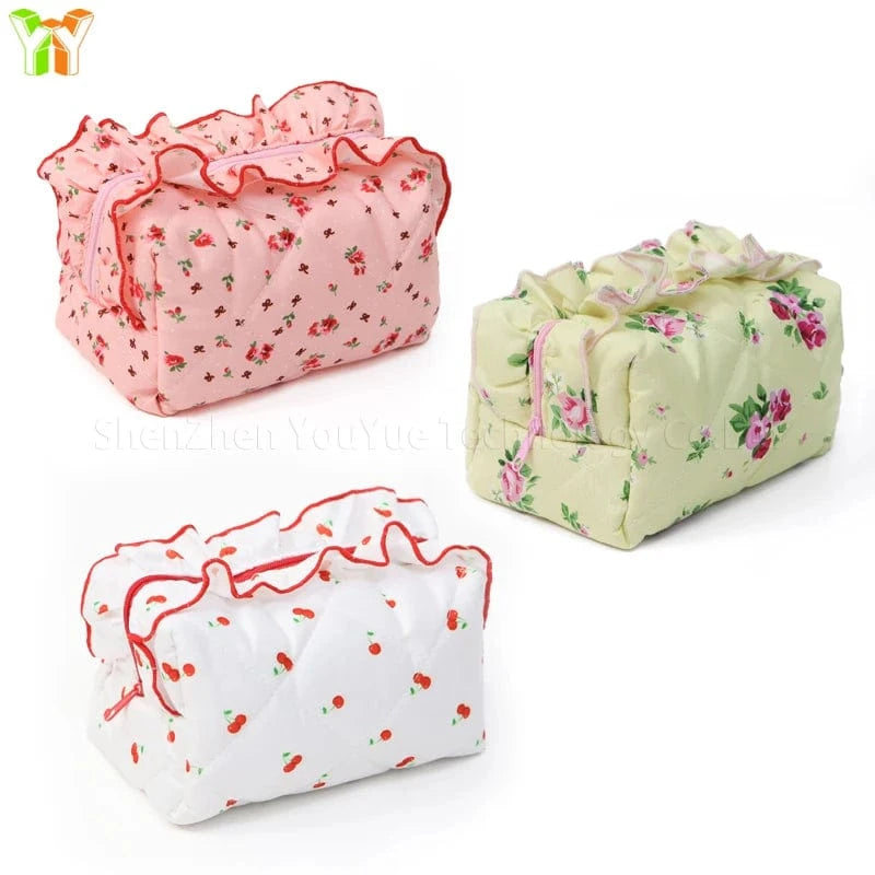 YY Handmade Makeup Bag Frilly Pink Floral Bow Pattern With Pink Gingham Lining Quilted Toiletry Travel cosmetic Skincare Bag.