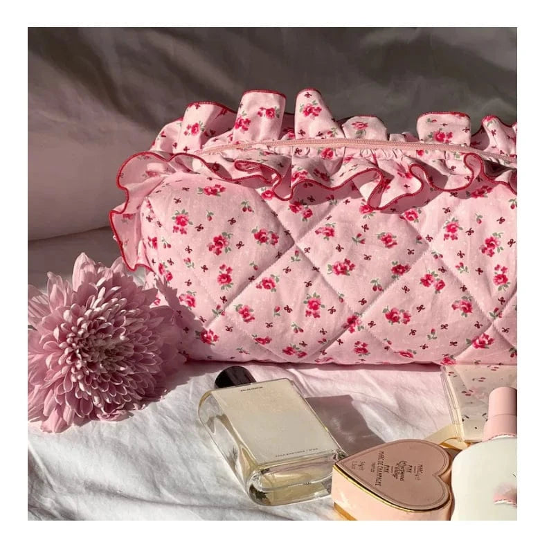 YY Handmade Makeup Bag Frilly Pink Floral Bow Pattern With Pink Gingham Lining Quilted Toiletry Travel cosmetic Skincare Bag.