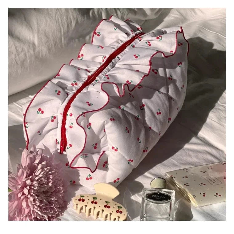 YY Handmade Makeup Bag Frilly Pink Floral Bow Pattern With Pink Gingham Lining Quilted Toiletry Travel cosmetic Skincare Bag.
